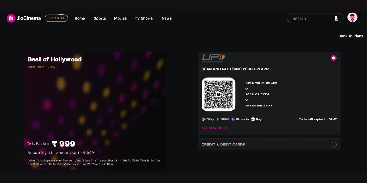 You have the option on jiocinema page to pay your subscription amount; the first is UPI, and the second is a Credit or Debit Card.